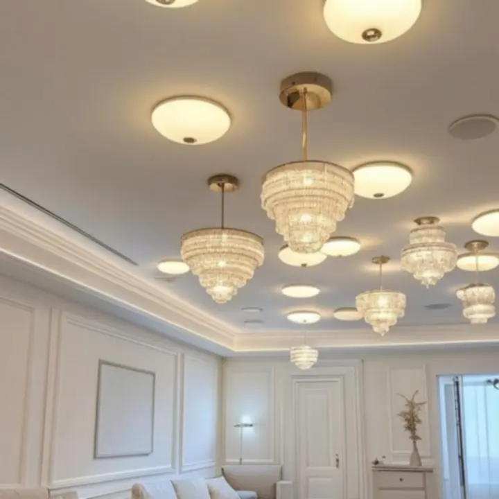 Elegancka aranżacja salonu z nowoczesnymi lampami sufitowymi