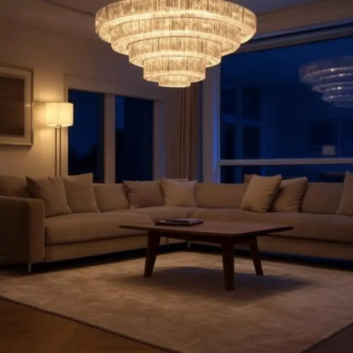 Przytulny salon w ciepłych barwach z eleganckim oświetleniem sufitowym i dekoracyjnym