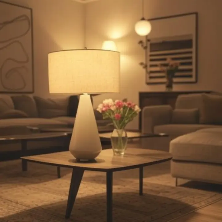 Salon w ciepłych barwach z dekoracyjnymi lampami podkreślającymi strefy wypoczynku