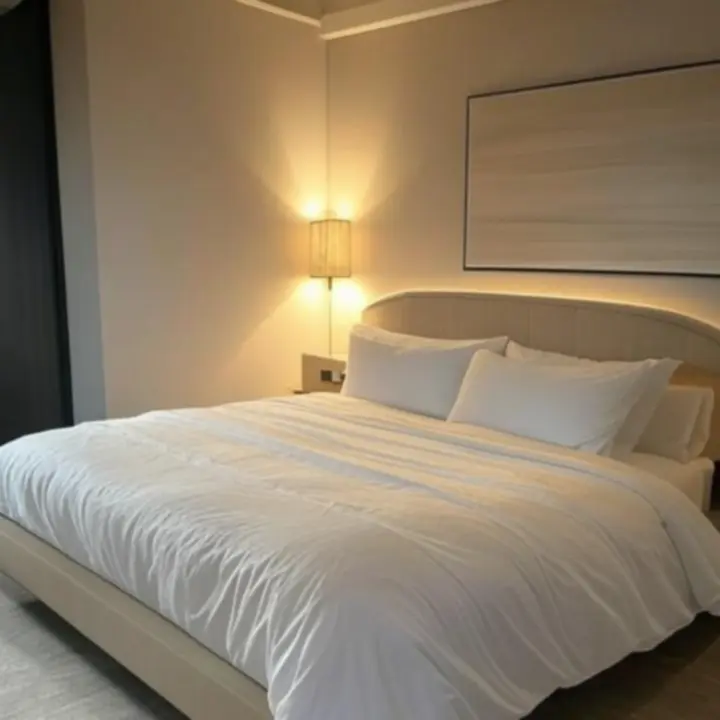 Współczesna sypialnia z nastrojowym oświetleniem nad łóżkiem