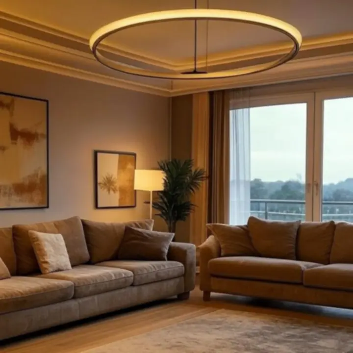 Wizualizacja pokoju z różnymi wariantami oświetlenia sufitowego