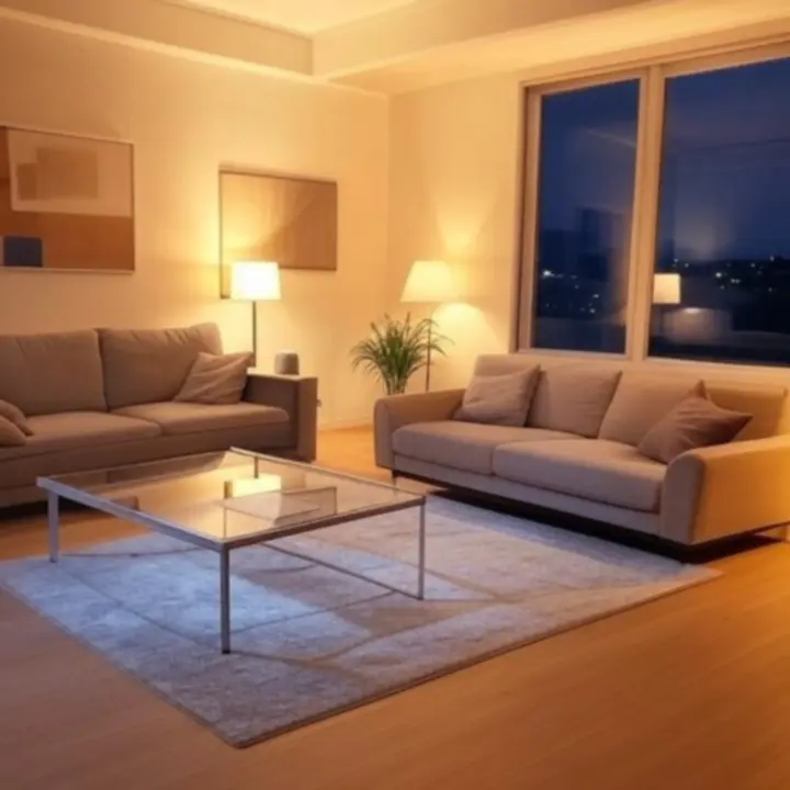 Nowoczesne wnętrze mieszkania oświetlone inteligentnymi lampami sufitowymi i stojącymi