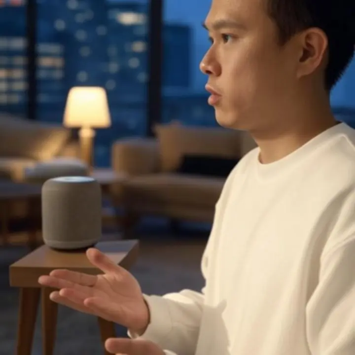 Osoba sterująca oświetleniem w salonie za pomocą komend głosowych w inteligentnym domu