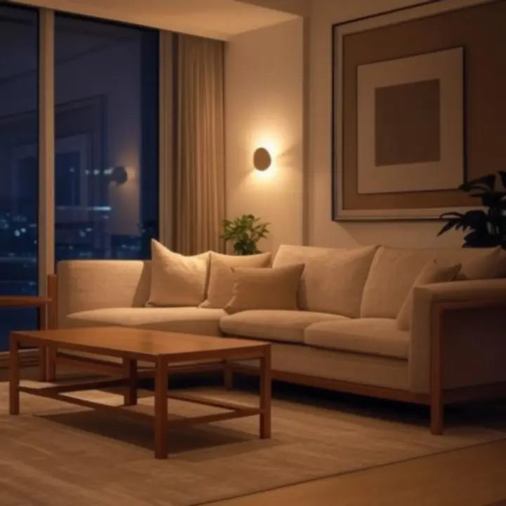 Nowoczesna aranżacja salonu z eleganckimi kinkietami ściennymi tworzącymi warstwowe oświetlenie we wnętrzu